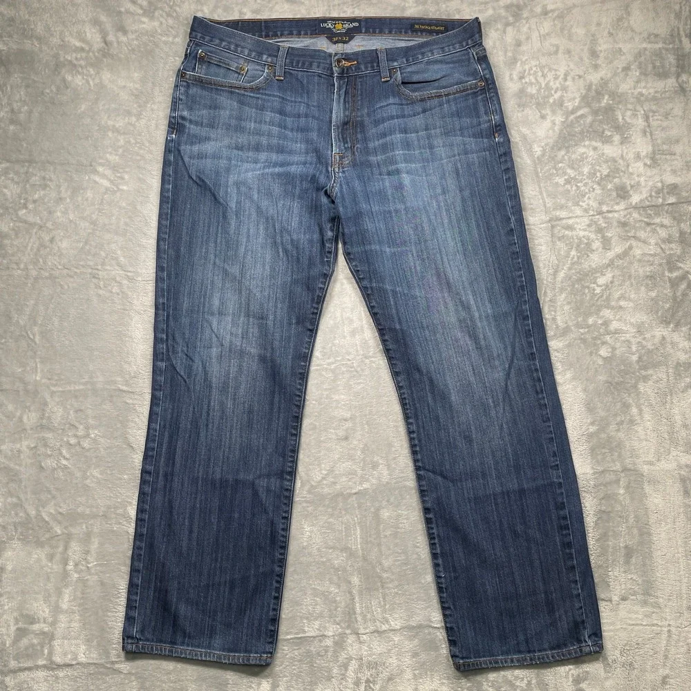 Lucky Brand 361 Vintage Straight Jeans Mens 38x32 Blue Medium Wash Distressed